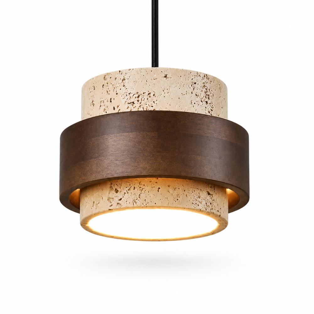 Suspension Luminaire Pierre Travertin et Bois