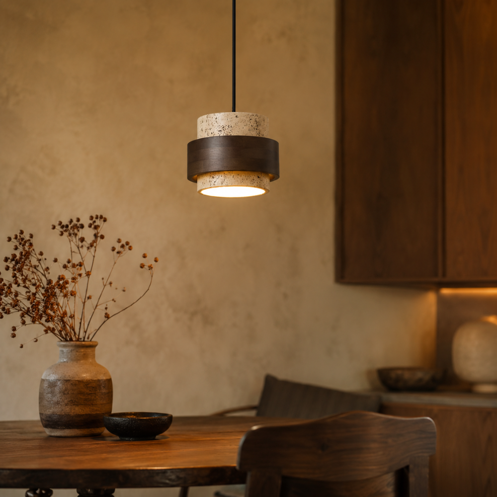 Suspension Luminaire Pierre Travertin et Bois