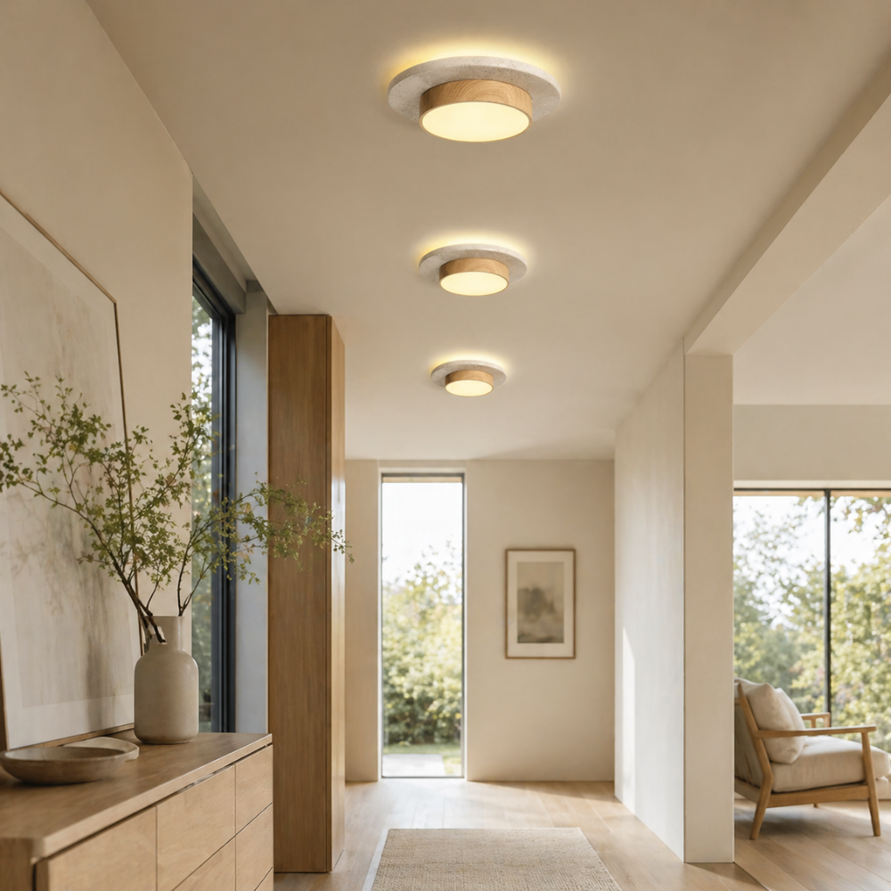 Plafonnier LED Pierre Travertin et Bois