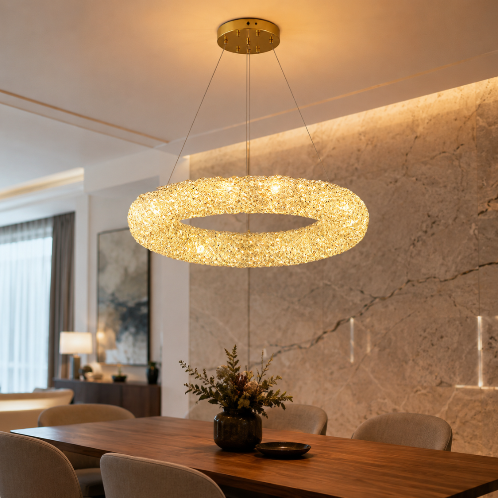 Suspension Luminaire Anneau Cristal Doré