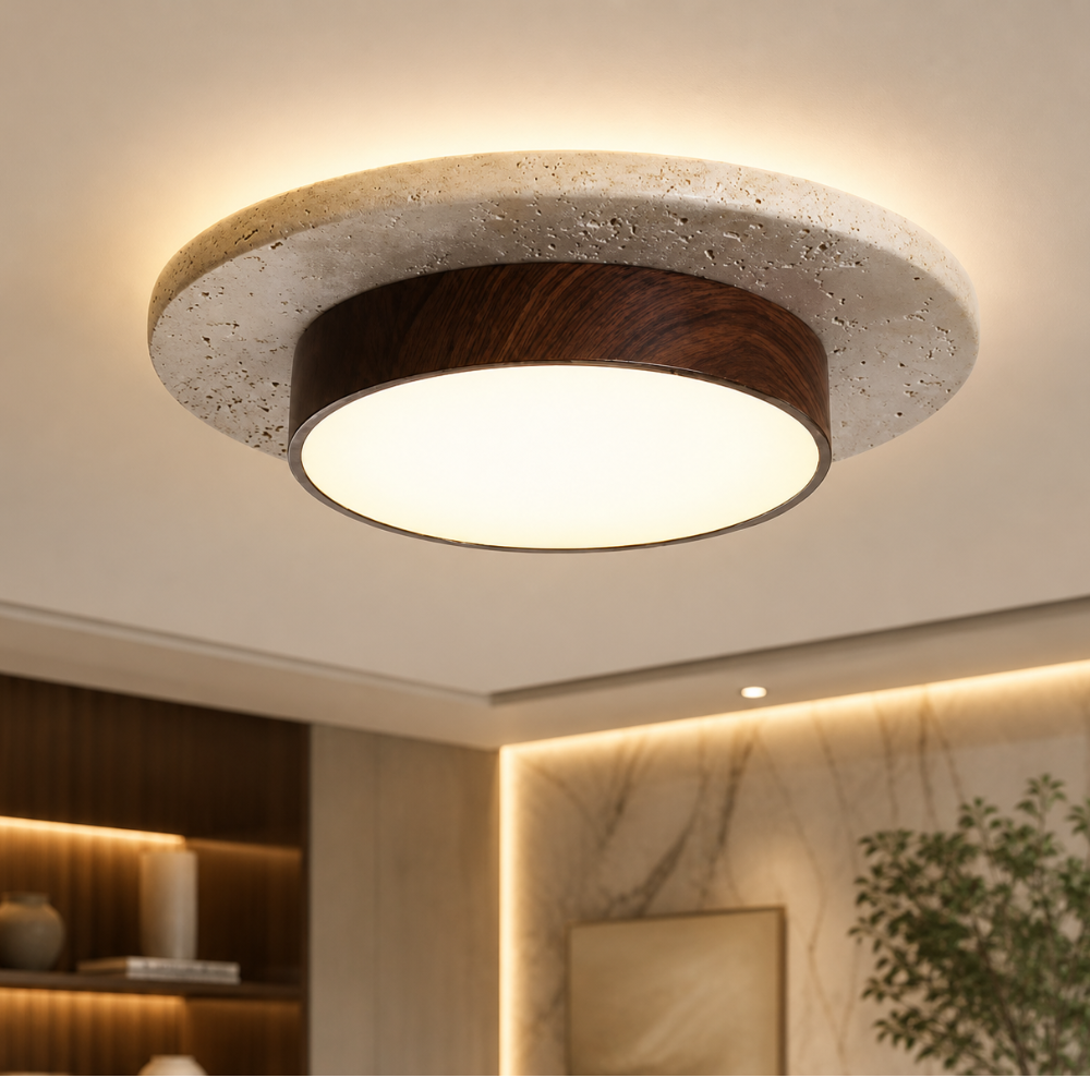 Plafonnier LED Pierre Travertin et Bois