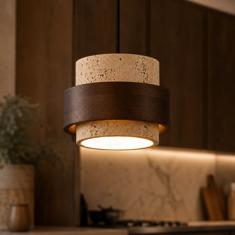 Suspension Luminaire Pierre Travertin et Bois