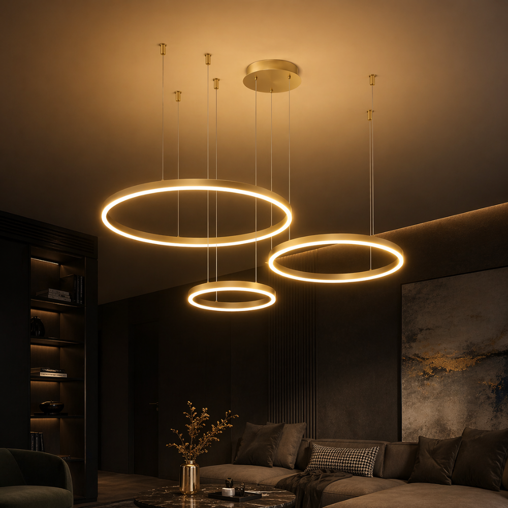 Lustre LED Suspension 3 Anneaux Dorés
