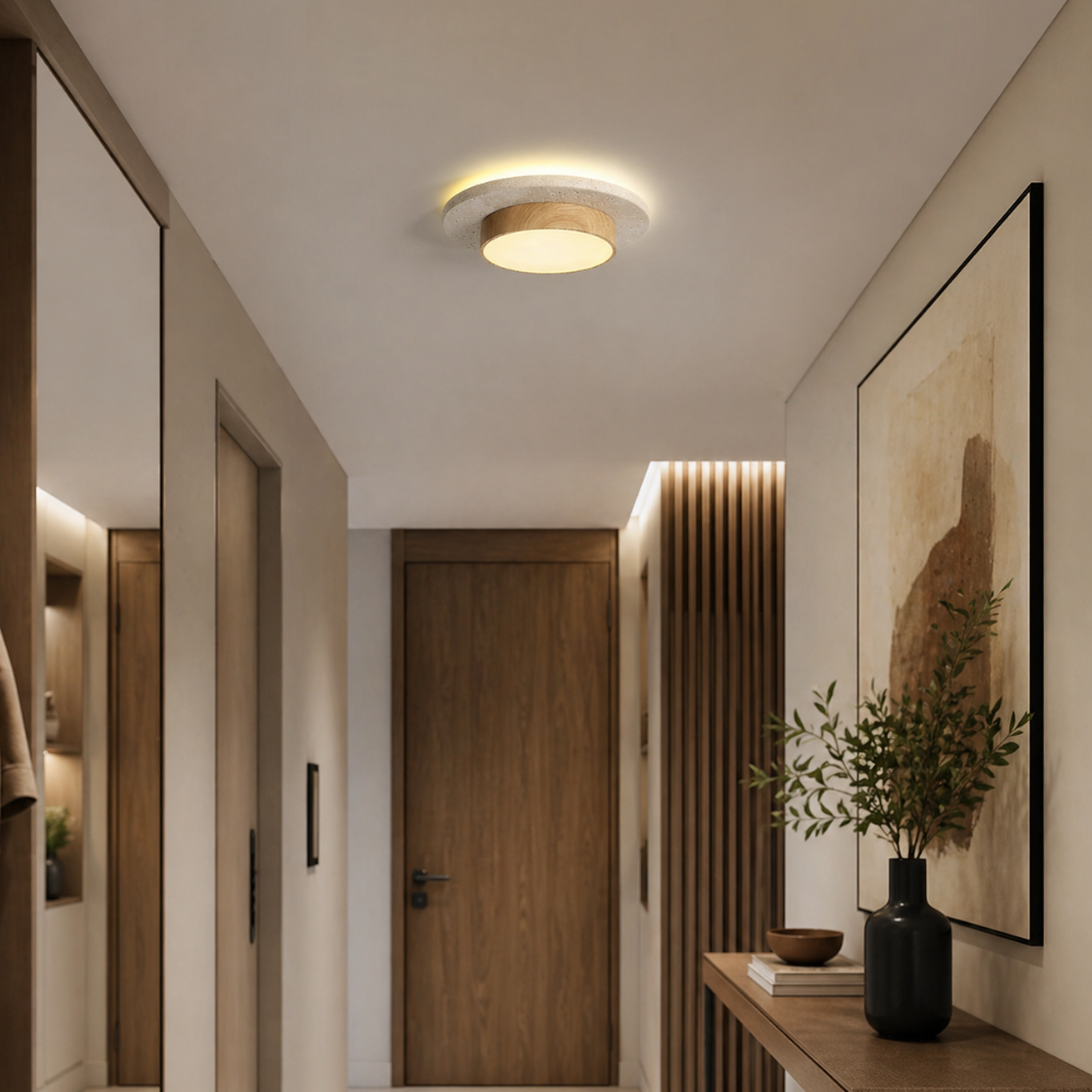Plafonnier LED Pierre Travertin et Bois