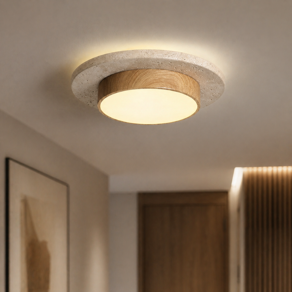Plafonnier LED Pierre Travertin et Bois
