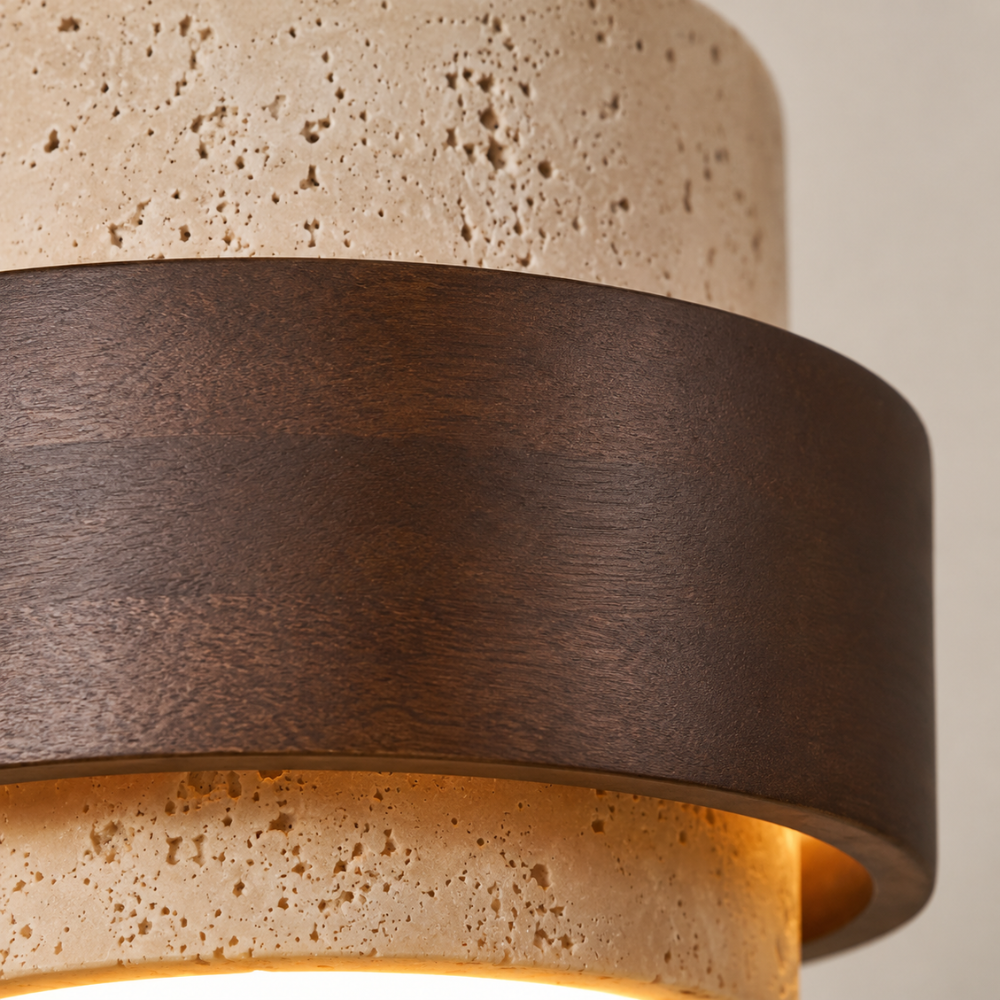 Suspension Luminaire Pierre Travertin et Bois