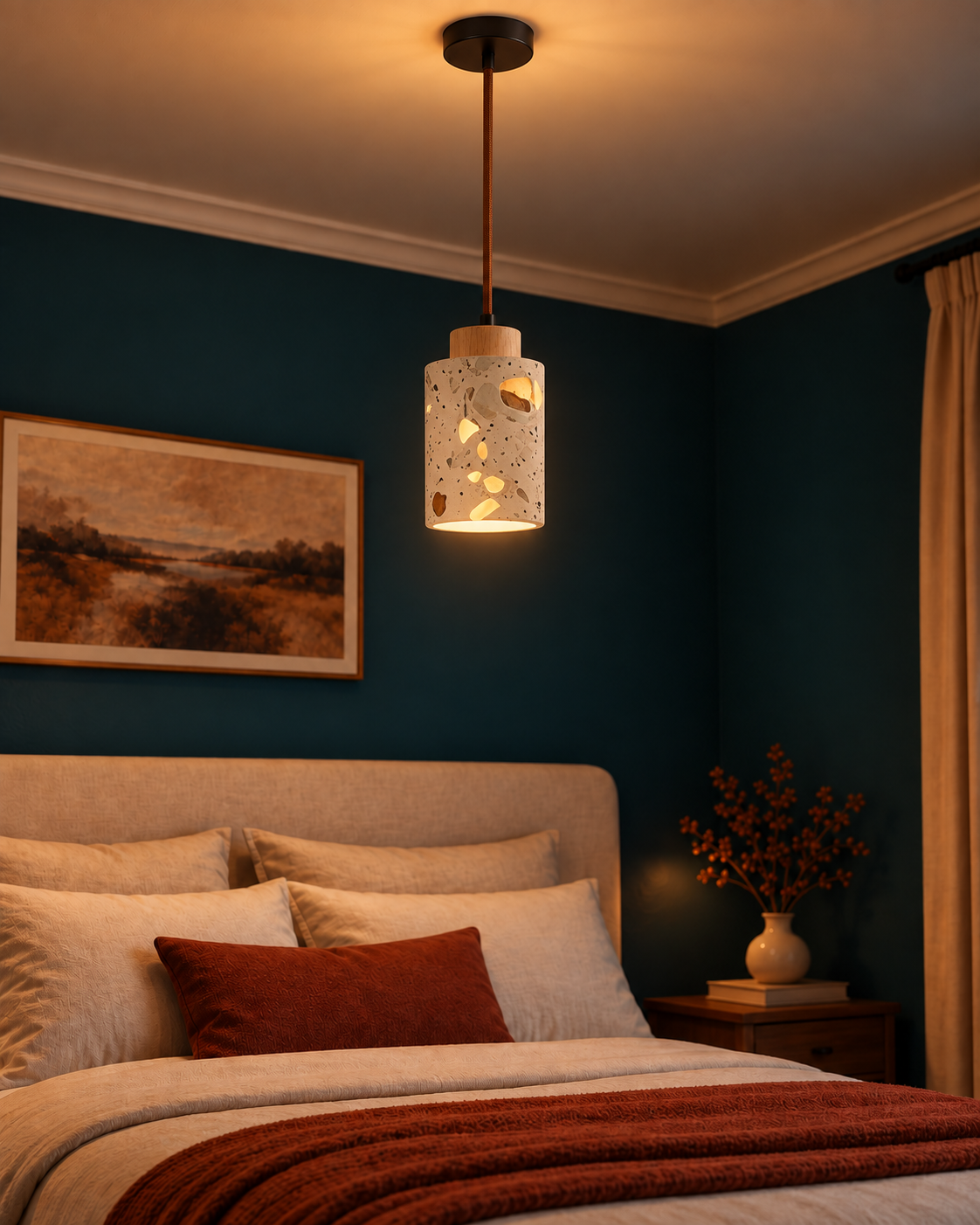 Suspension Luminaire Effet Terrazzo et Bois