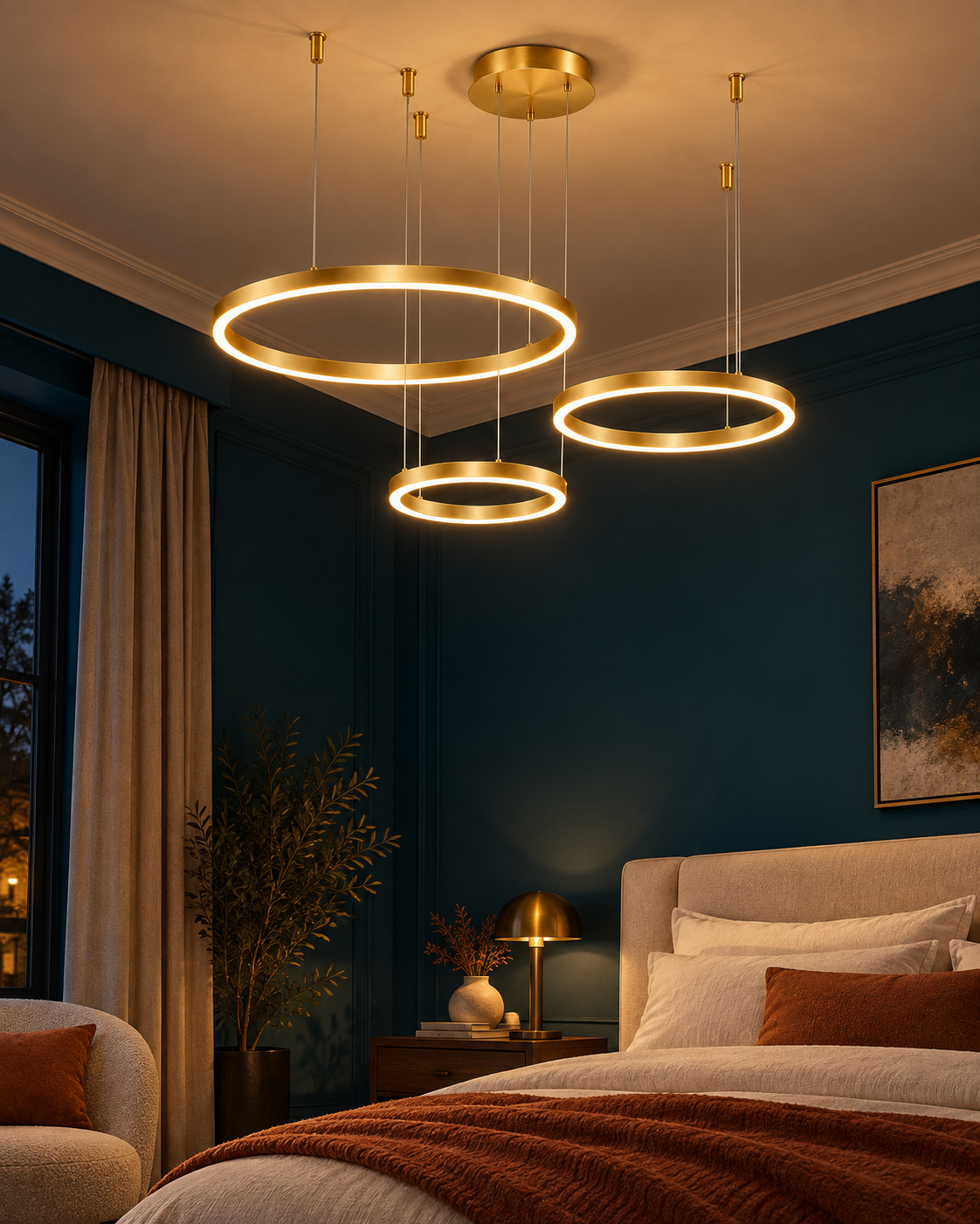 Lustre LED Suspension 3 Anneaux Dorés