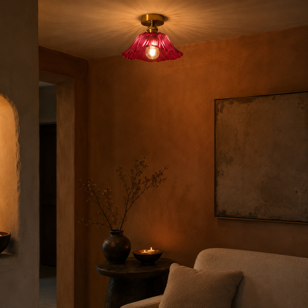 Plafonnier LED Fleur en Verre Doré