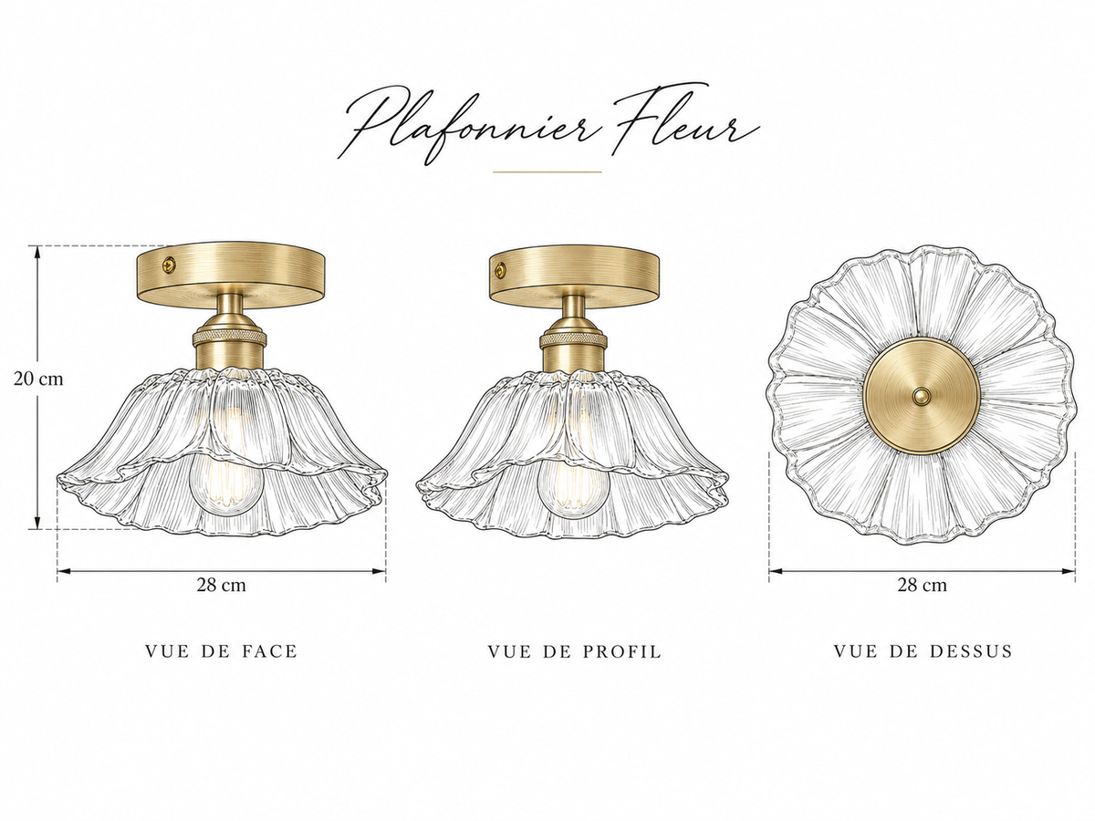Schéma dimensions Plafonnier LED Fleur en Verre Doré