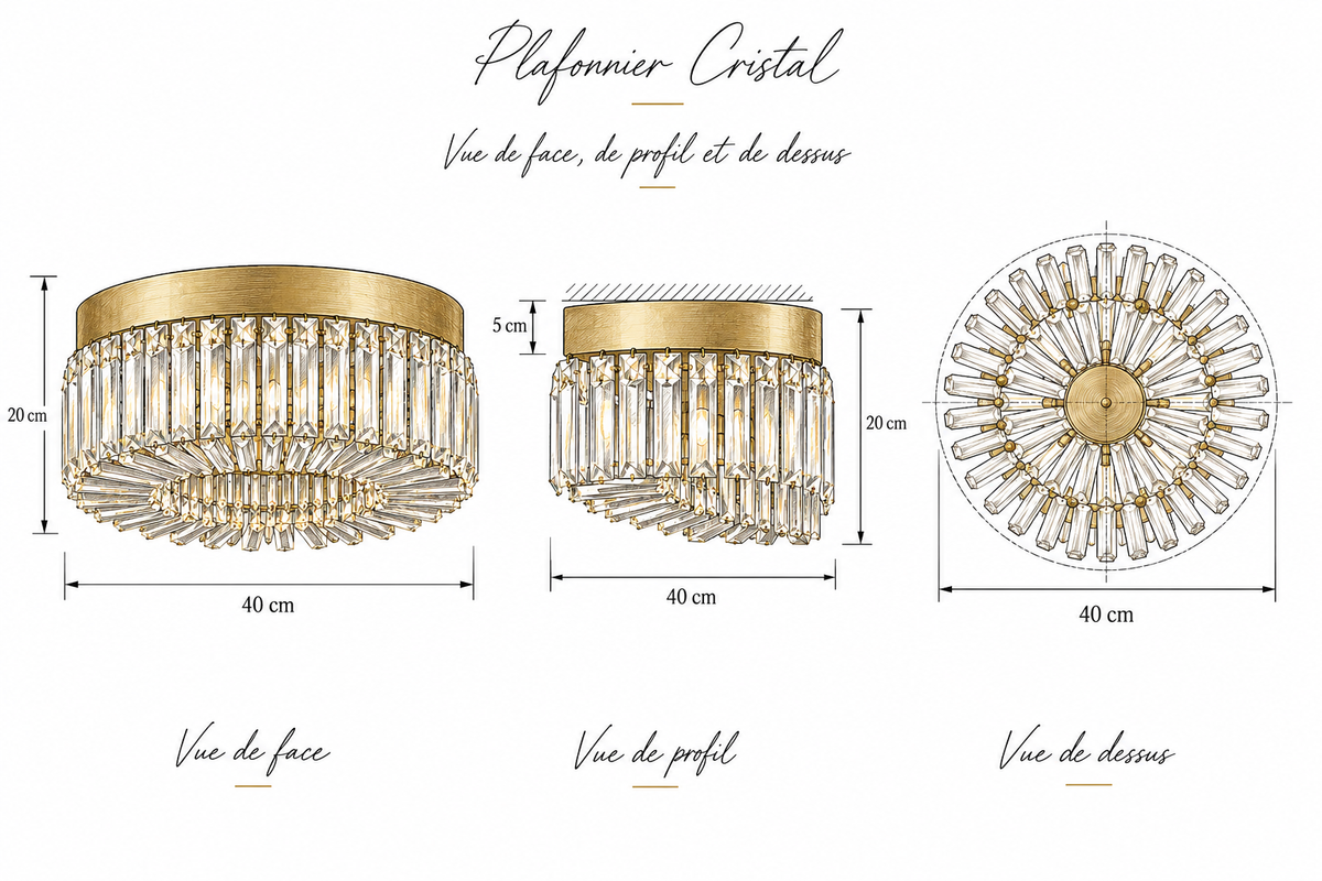 Schéma dimensions Plafonnier LED Cristal et Doré
