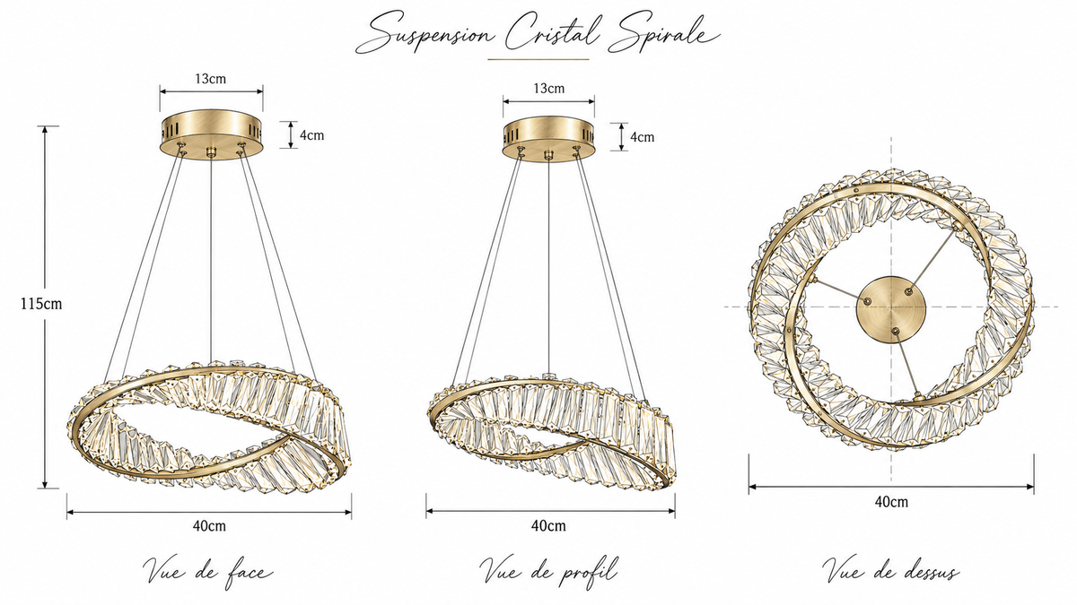 Schéma dimensions Suspension Luminaire Cristal Dorée