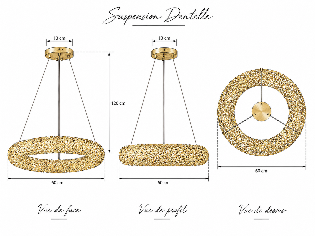 Schéma dimensions Suspension Luminaire Anneau Cristal Doré