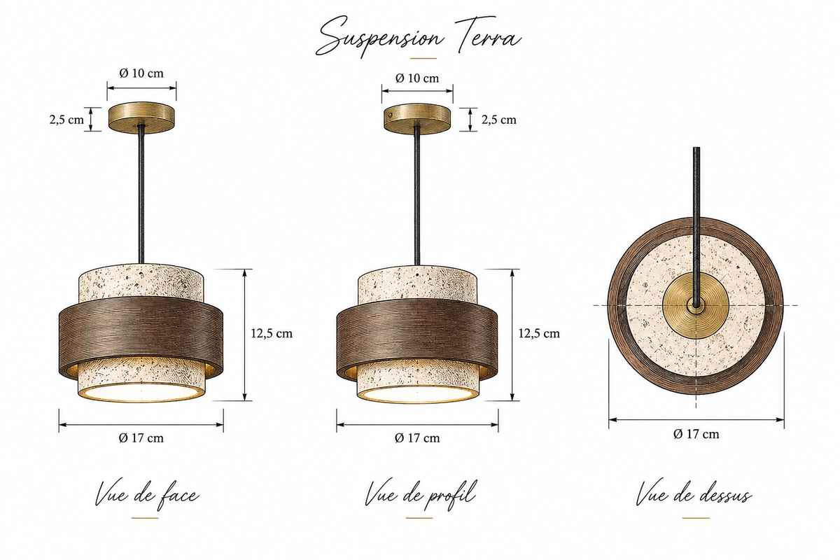 Schéma dimensions Suspension Luminaire Pierre Travertin et Bois