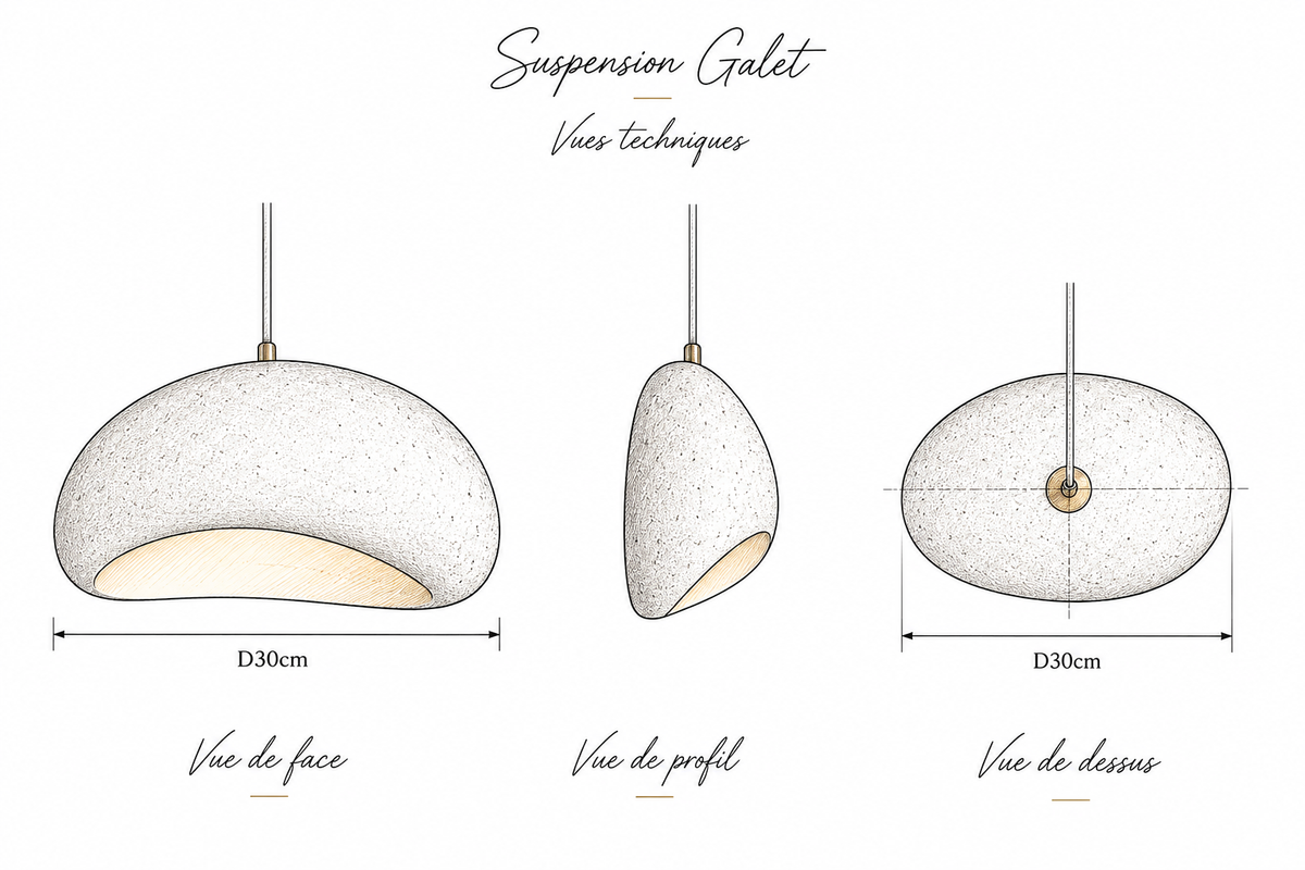Schéma dimensions Suspension Luminaire Dôme Rond Effet Pierre
