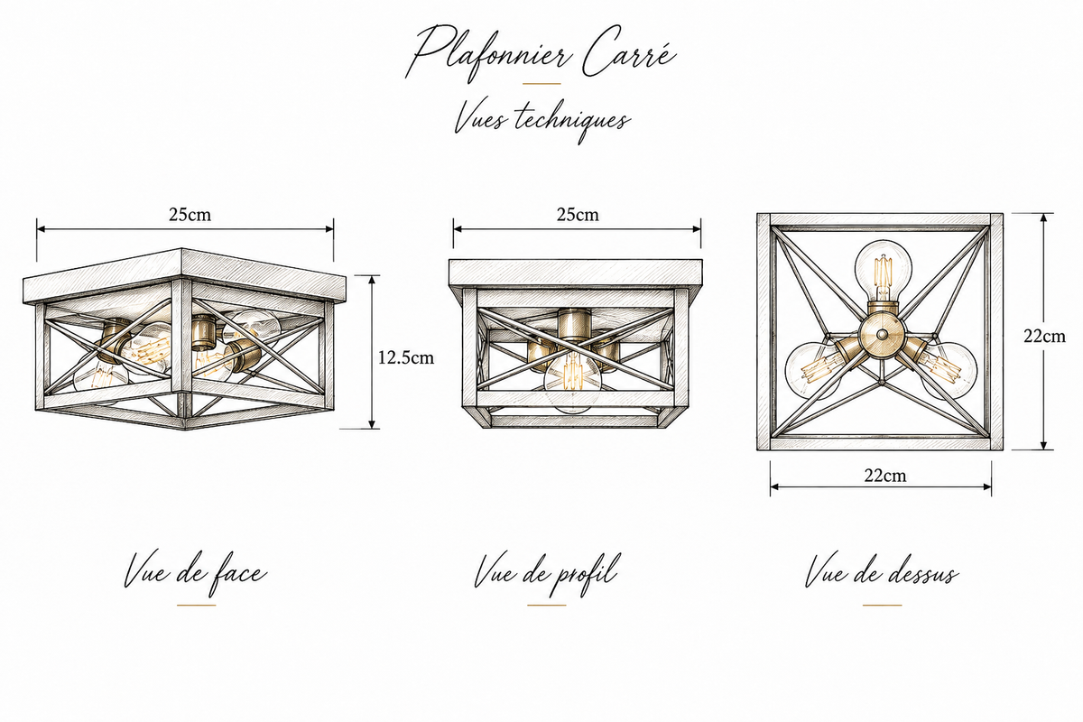 Schéma dimensions Plafonnier LED Cage Métal Noir