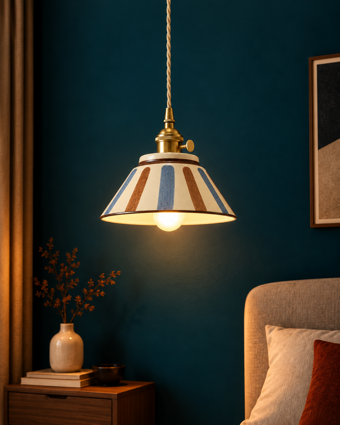 Suspension Luminaire en Céramique Émaillée Motif Fleurs