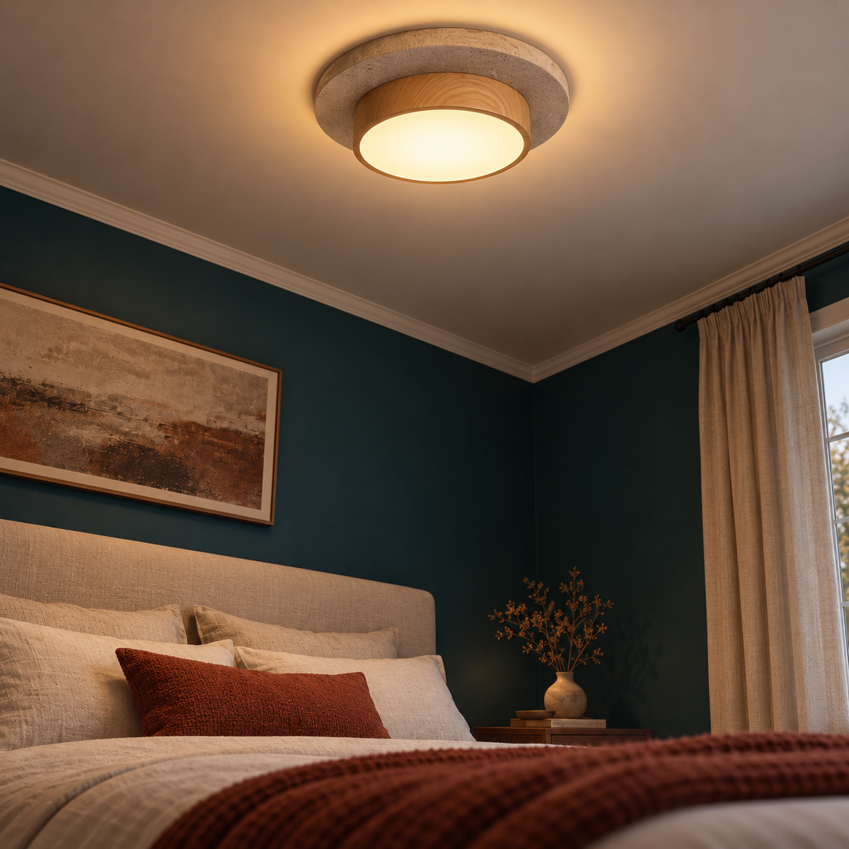 Plafonnier LED Style Travertin et Bois