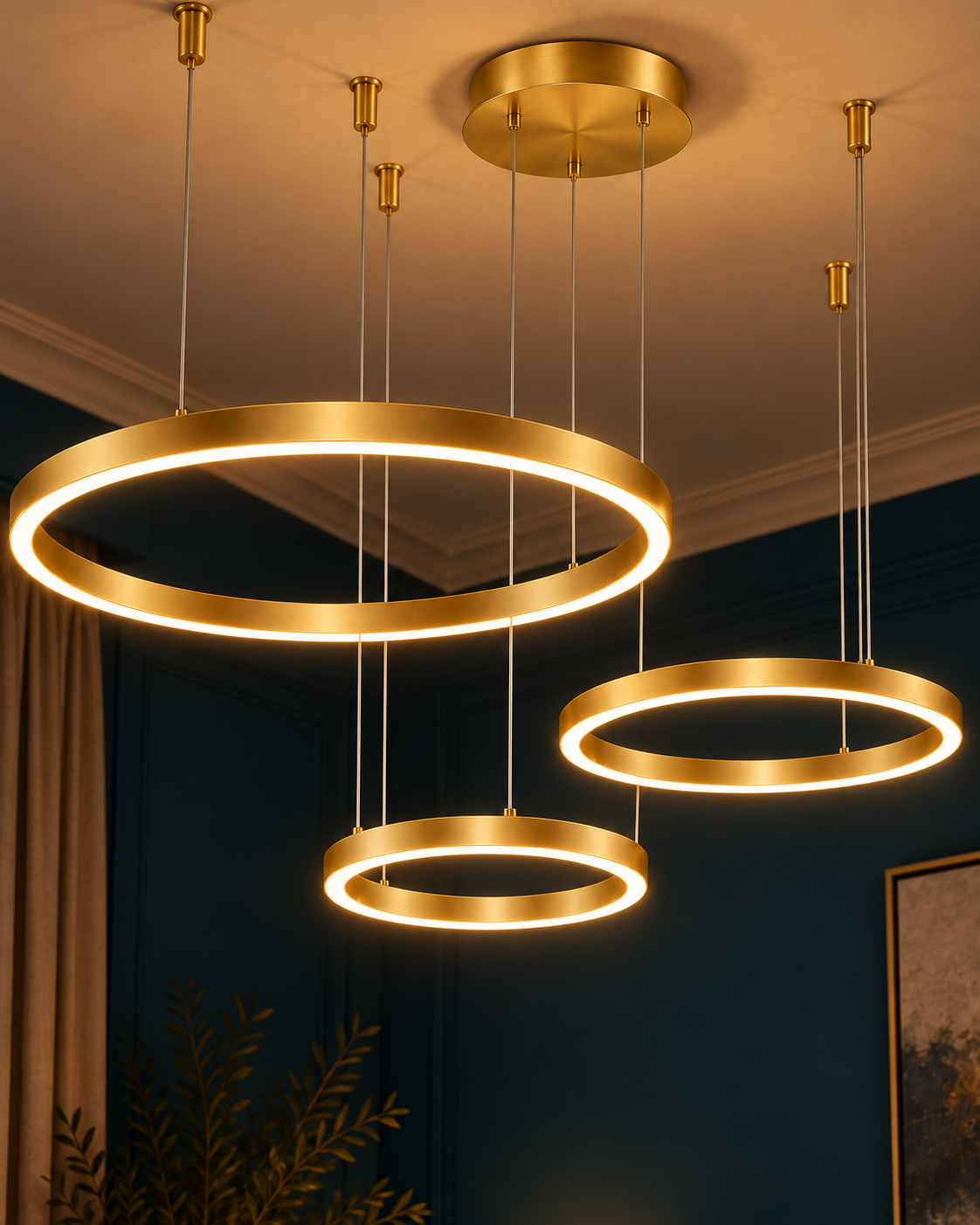 Lustre LED Suspension 3 Anneaux Dorés